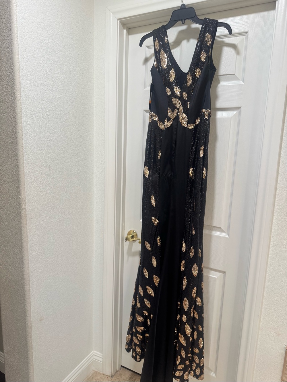 Black Evening Gown with Gold Sequin Leaf Accents